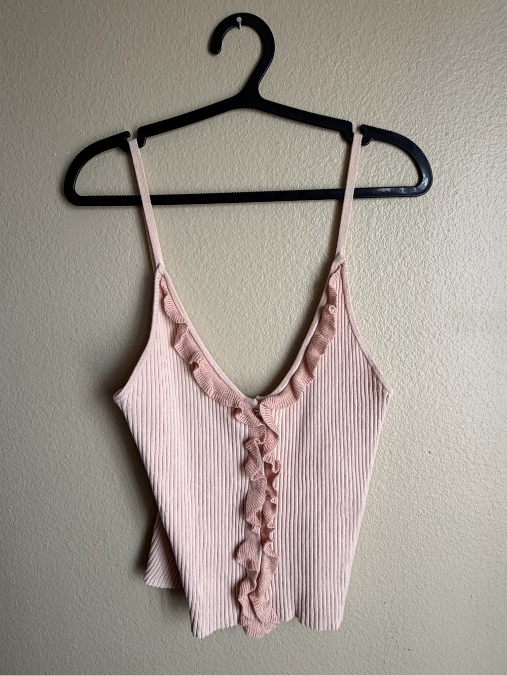 Urban Outfitters Blush Pink Ribbed Ruffle-Front Cami